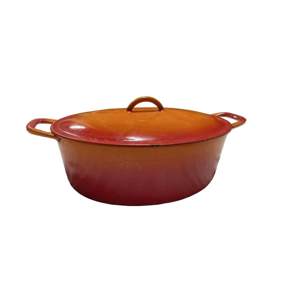 Vintage Flame Orange  Dutch Oven 4 Quart Enamel Cast Iron Oval Belgium MCM